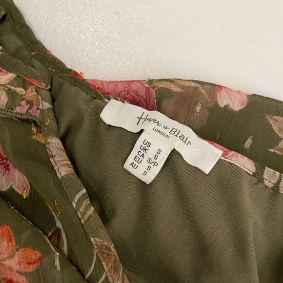 Haven & Blair Blouse Women's Small Green Metallic Floral Boho Sheer 3/4 Sleeve - Picture 9 of 11